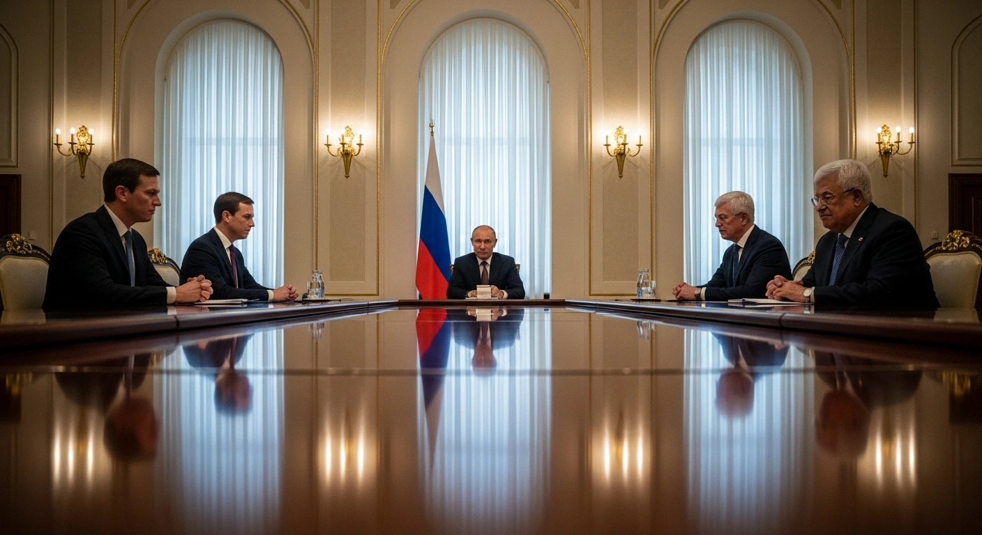Russian President Vladimir Putin sits at a long, polished table in a grand meeting room, engaged in diplomatic talks with US envoys Steve Witkoff and Jared Kushner regarding the Ukraine war and frozen assets, and separately with Palestinian President Mahmoud Abbas concerning the Gaza conflict and bilateral cooperation.
