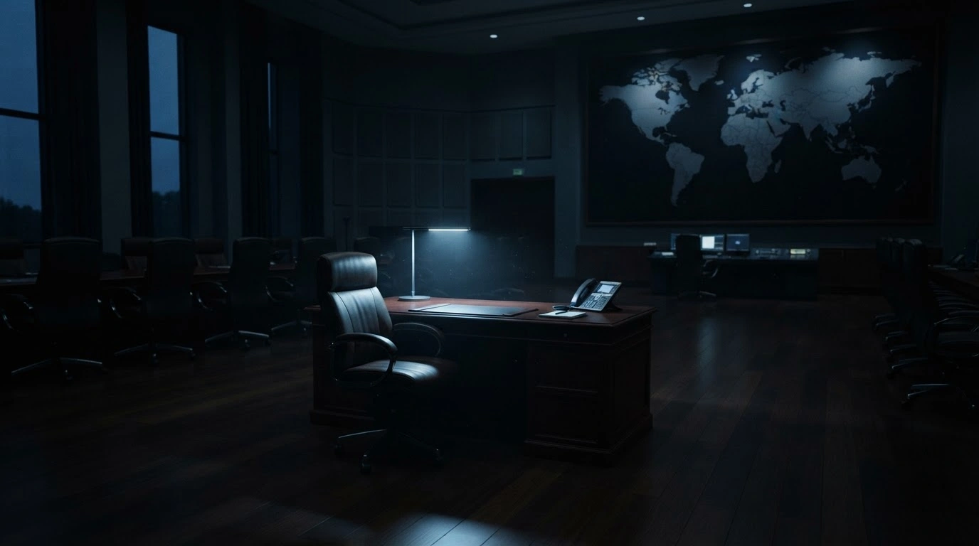 An empty desk in a dark, quiet office symbolizes the lack of evidence regarding reported phone calls between Vladimir Putin and leaders from Finland and Norway.