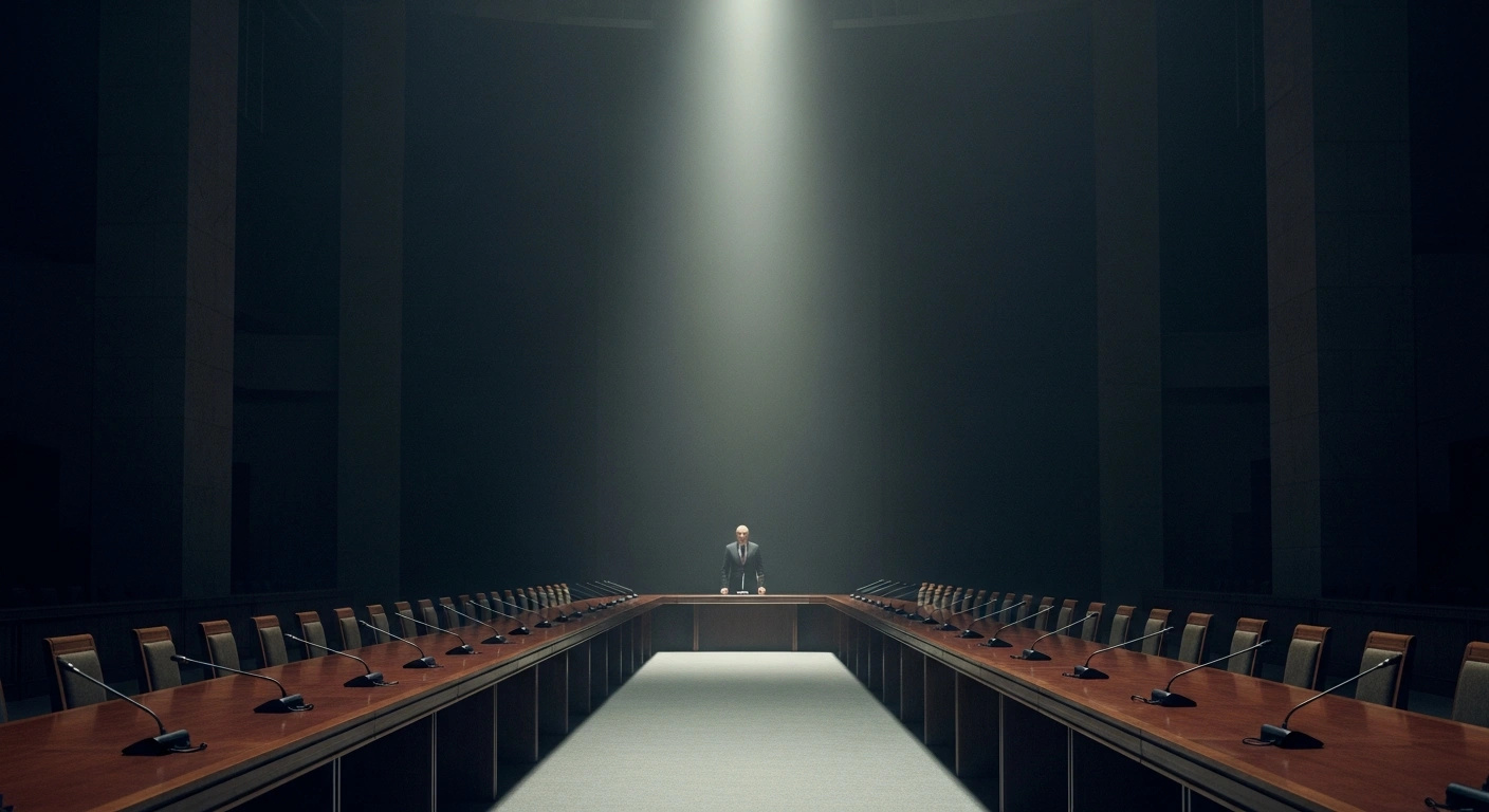 Russian President Vladimir Putin sits alone at the end of a long table, illustrating the diplomatic impasse regarding peace negotiations with Ukraine.