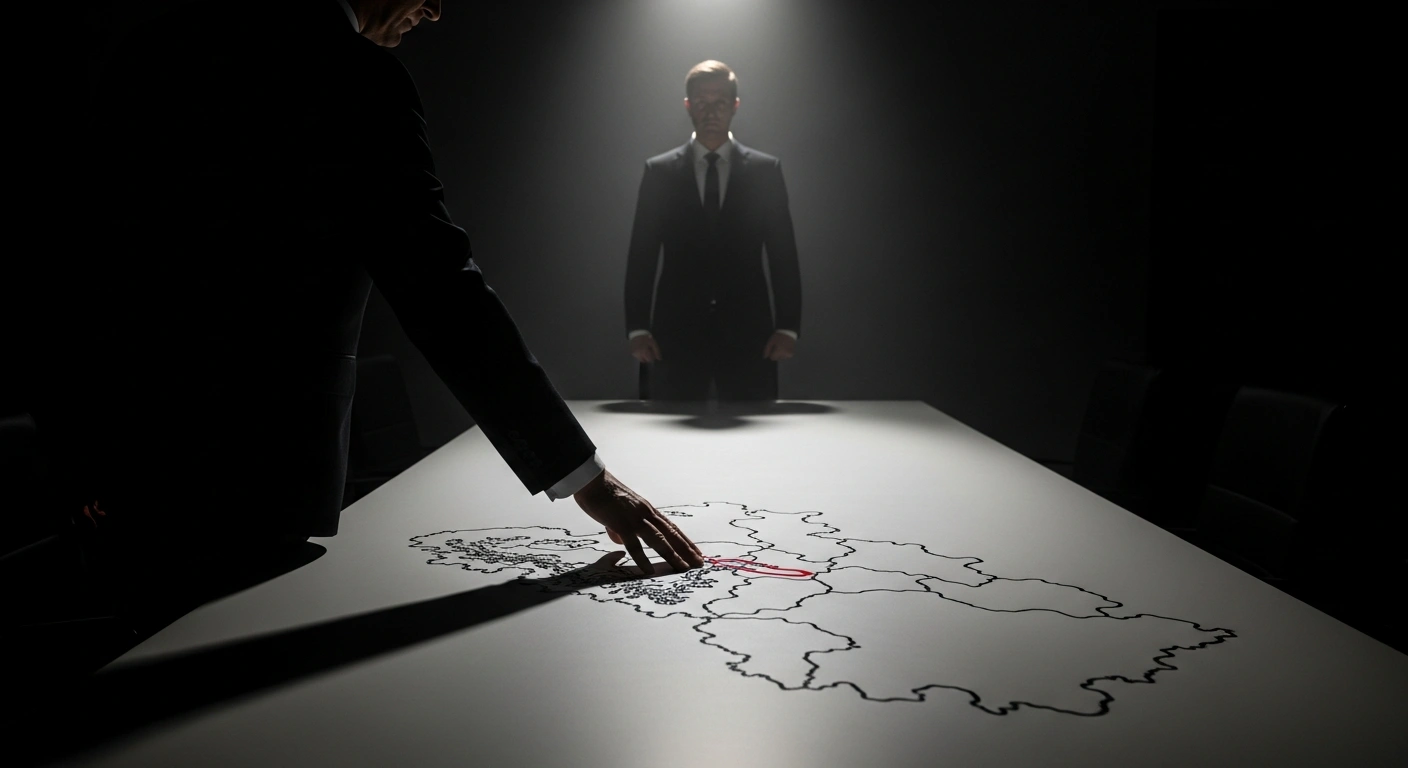 A powerful figure, representing Russian President Vladimir Putin, stands over a stylized map, his hand asserting control over a prominent region symbolizing Donbas, amidst discussions of limited territorial exchanges in Ukraine during peace negotiations.