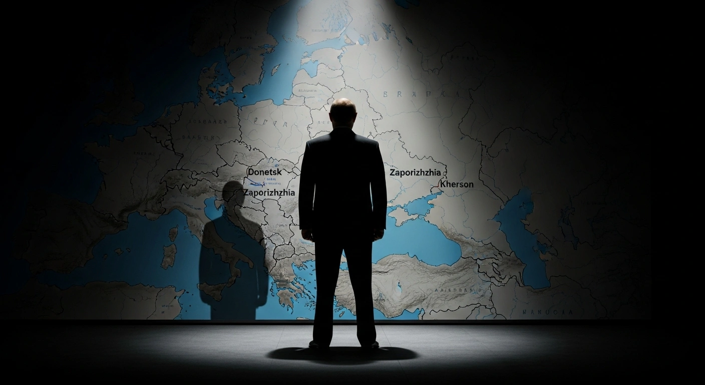A dramatic, high-contrast image shows a lone, imposing figure, representing Russian President Vladimir Putin, standing before a large, dimly lit map of Eastern Europe, with his shadow cast over contested regions like Donetsk, Zaporizhzhia, and Kherson, symbolizing his reported demand for Ukraine to cede full control of Donetsk during a call with US President Donald Trump to end the war, as reported by The Washington Post, a demand that has drawn skepticism from Kyiv and European allies.