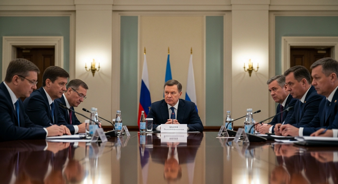 Russian President Vladimir Putin is seated at the head of a grand conference table in St. Petersburg, surrounded by international leaders discussing economic integration, trade, and security, following meetings of the Supreme Eurasian Economic Council and CIS heads of state, which included agreements like the EAEU-Indonesia Free Trade Agreement.