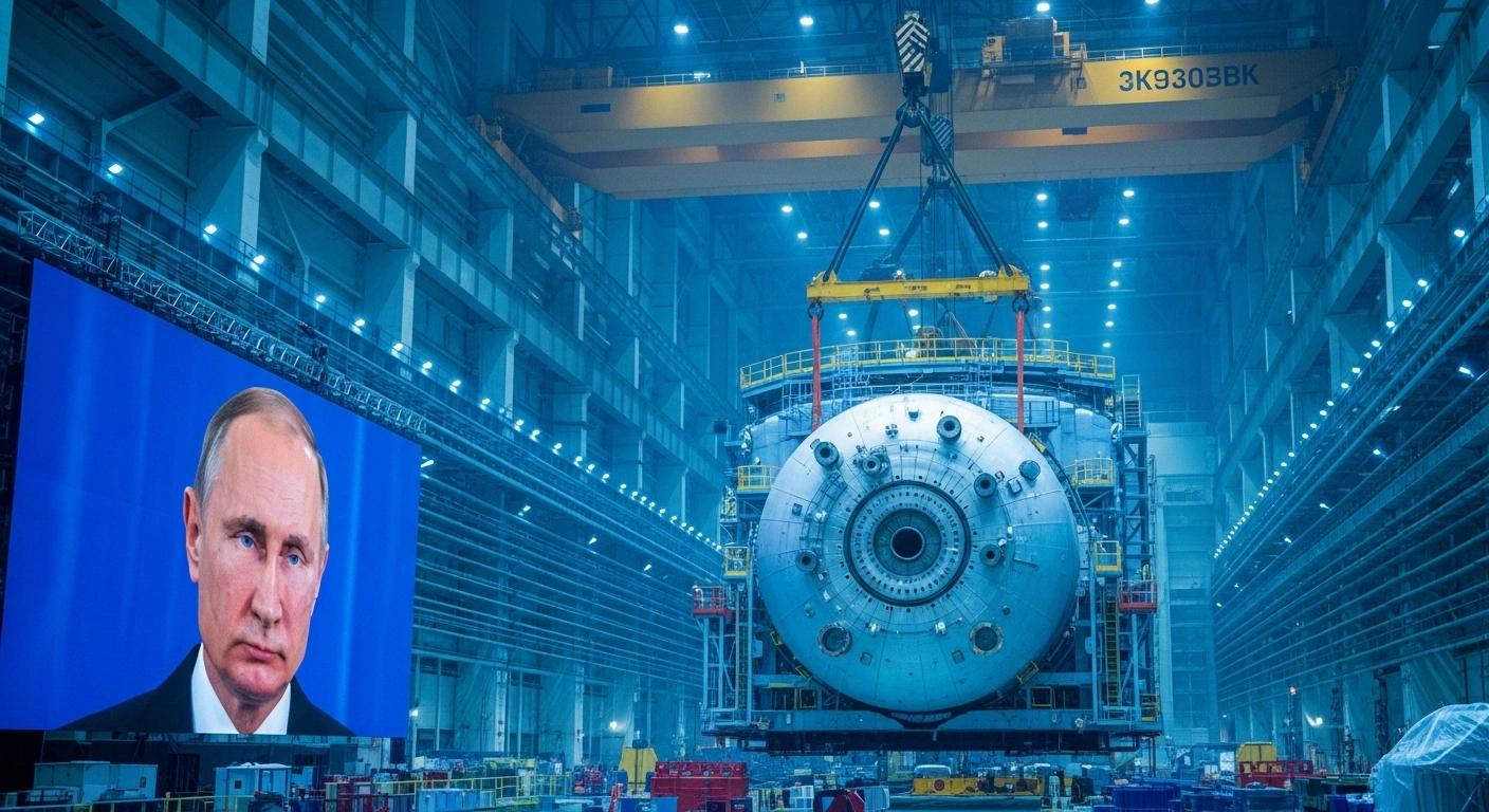 Russian President Vladimir Putin is shown via videoconference on a large screen, overseeing the installation of a massive reactor pressure vessel into the core of Egypt's El Dabaa Nuclear Power Plant.