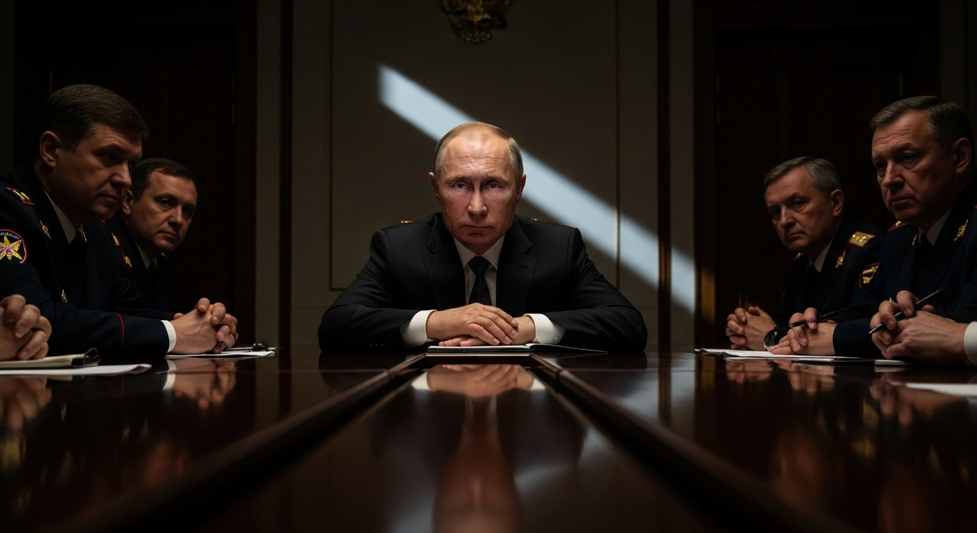 President Vladimir Putin is depicted leading a high-stakes meeting with the Federal Security Service (FSB) board in Moscow, where national security, counterterrorism measures, and allegations of foreign destabilization attempts are being discussed.