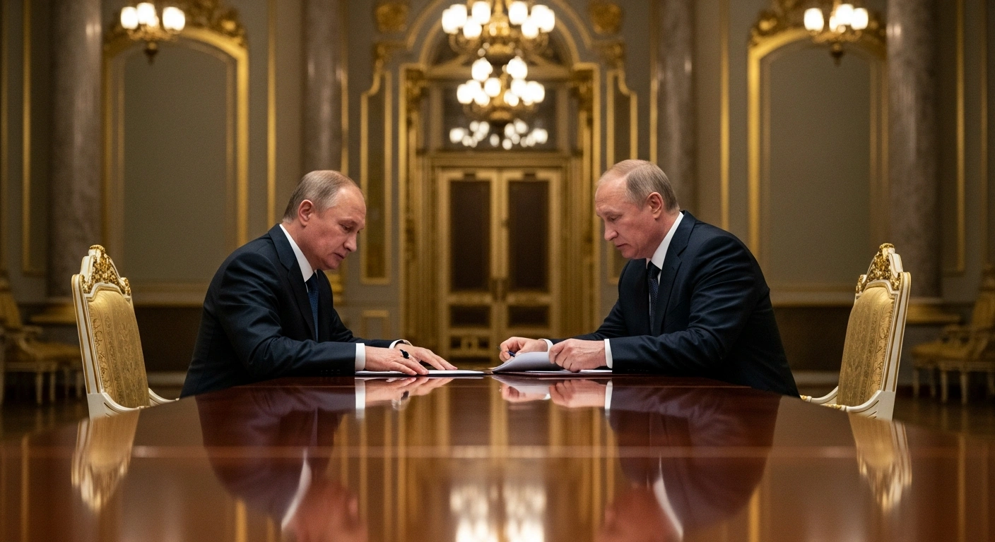 Russian President Vladimir Putin and South Ossetian leader Alan Gagloev sit at a table to sign a treaty for economic and security integration.