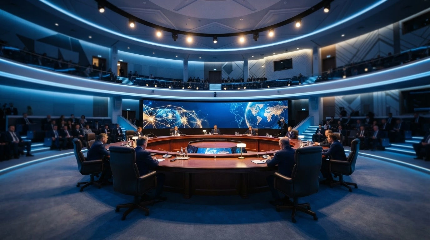 The interior of a grand conference hall in Moscow prepared for the 8th Gas Exporting Countries Forum summit featuring President Vladimir Putin and global energy leaders.