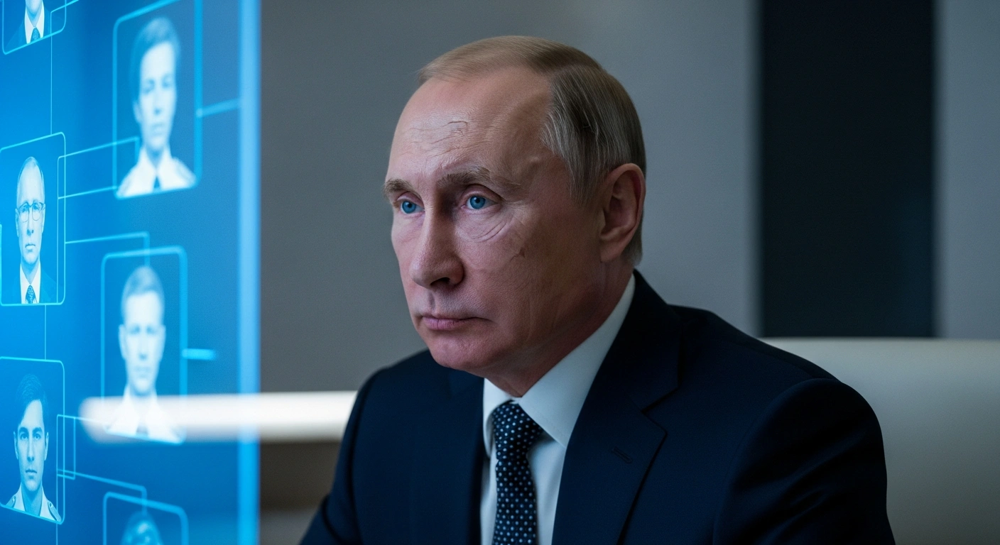Russian President Vladimir Putin is shown in a dimly lit, modern office, intently viewing a large screen displaying multiple government members during a videoconference meeting to discuss national matters and citizen issues.