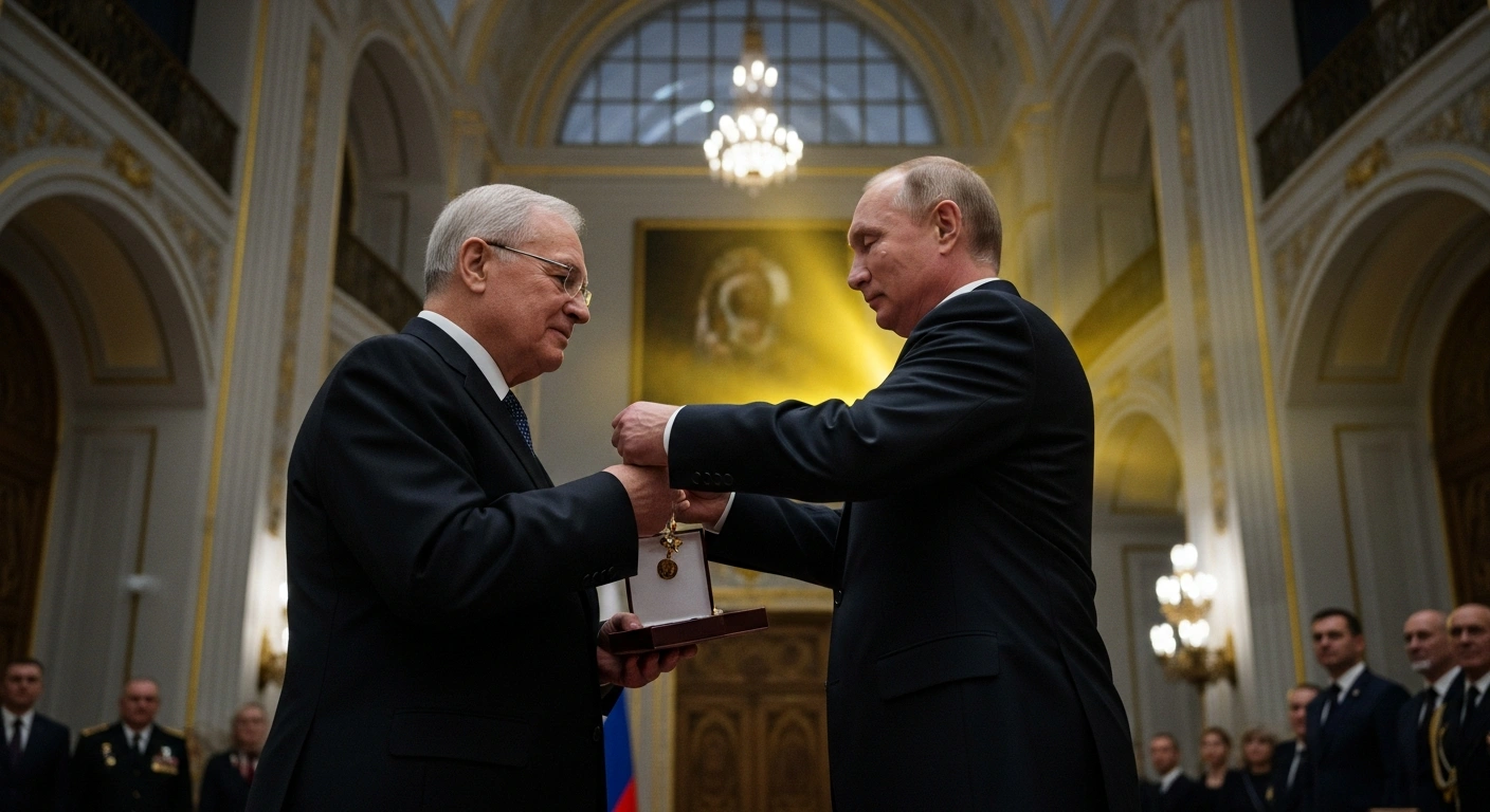 President Vladimir Putin presents a state decoration to a weapon designer in a grand Kremlin hall, honoring contributions to Russia's advanced strategic weapons like the Burevestnik cruise missile and Poseidon unmanned submersible on National Unity Day.