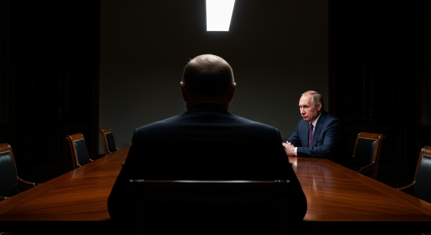 A powerful, stoic figure, representing Russian President Vladimir Putin, sits across a long, polished table from an older, distinguished man with a resigned expression, symbolizing the dismissal of his longtime ally, Sergei Ivanov, from his special representative role.