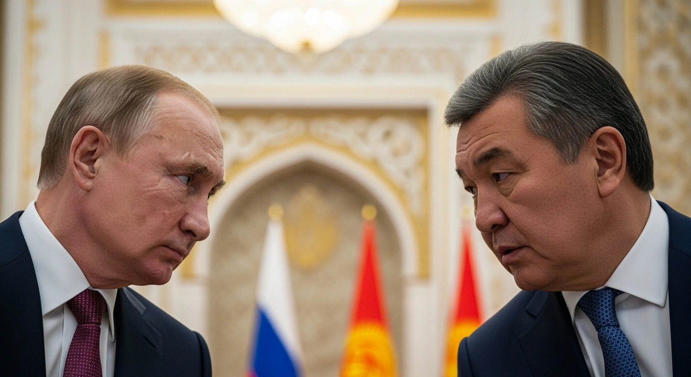 A photorealistic image depicts Russian President Vladimir Putin and Kyrgyz President Sadyr Japarov engaged in serious high-level discussions during a state visit to Kyrgyzstan, with a formal, ornate backdrop.