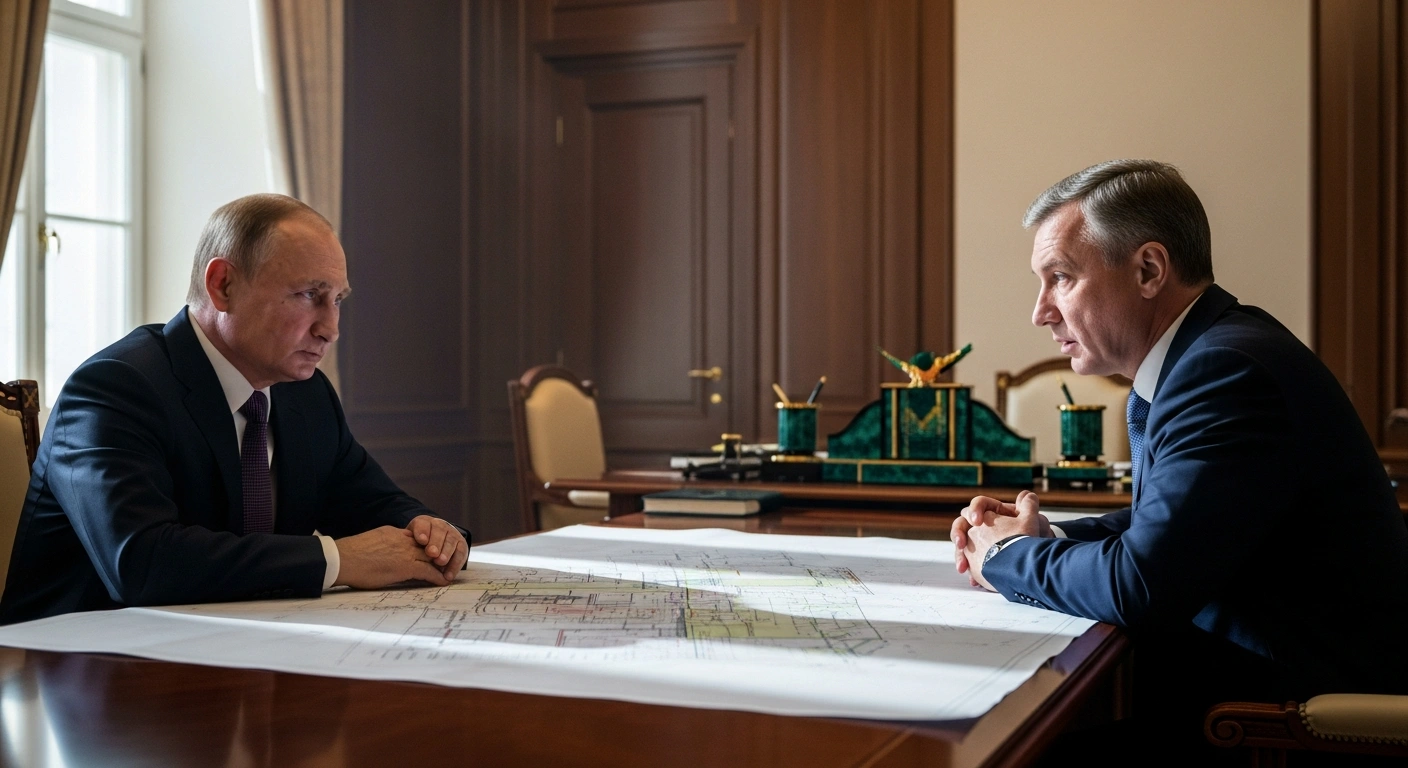Russian President Vladimir Putin and Deputy Prime Minister Marat Khusnullin review architectural blueprints and infrastructure development plans during a formal meeting.