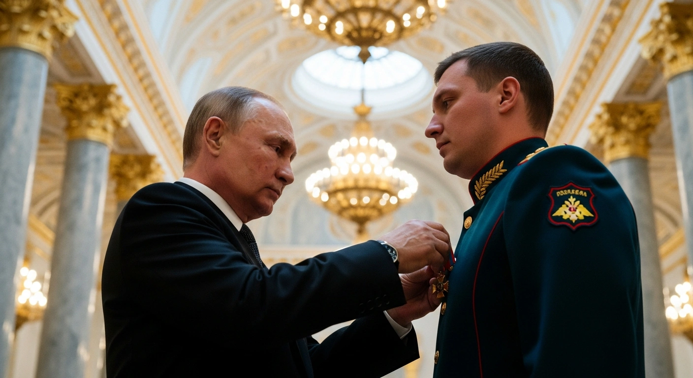 Russian President Vladimir Putin presents a state decoration to a decorated officer from the Defence Ministry during an award ceremony at the Kremlin on Defender of the Fatherland Day, honoring service in the special military operation.
