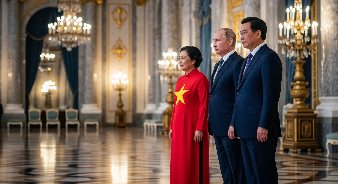 Russian President Vladimir Putin and Vietnamese President To Lam stand together in a formal hall to signify the strengthening of diplomatic relations between Russia and Vietnam.