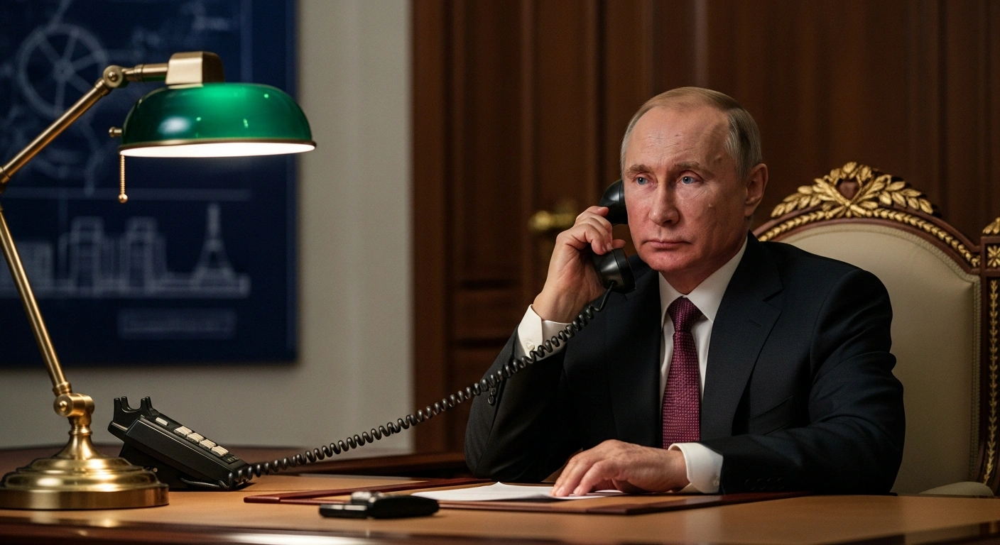 Russian President Vladimir Putin is depicted in a dimly lit office, engaged in a telephone conversation discussing bilateral relations, energy cooperation, and regional security, including the Belarusian Nuclear Power Plant, with Belarusian President Alexander Lukashenko.
