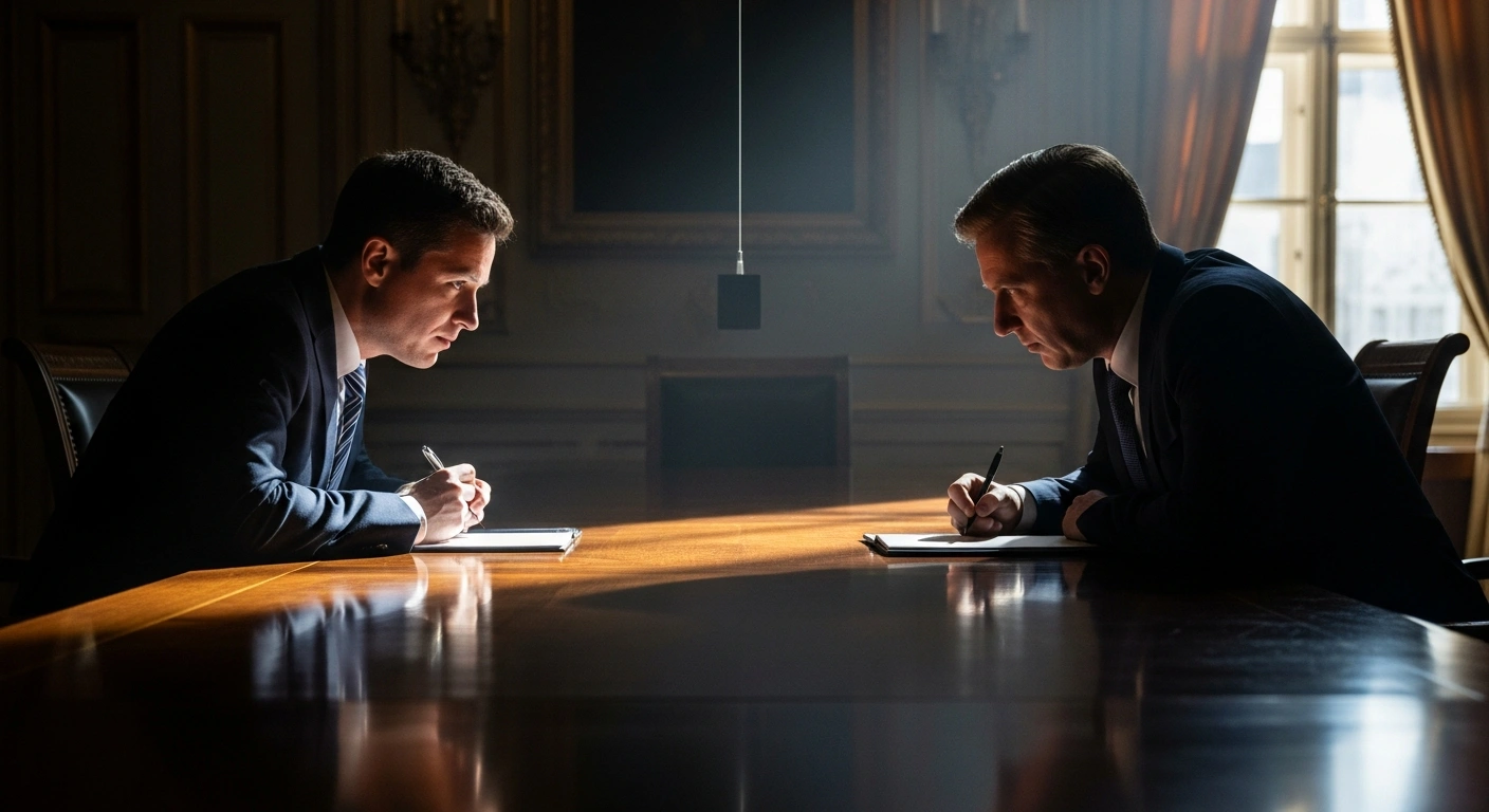 A dramatic, dimly lit scene shows two powerful figures, representing Russian President Vladimir Putin and French President Emmanuel Macron, leaning towards each other across a grand conference table, symbolizing potential dialogue and peace talks regarding Ukraine.