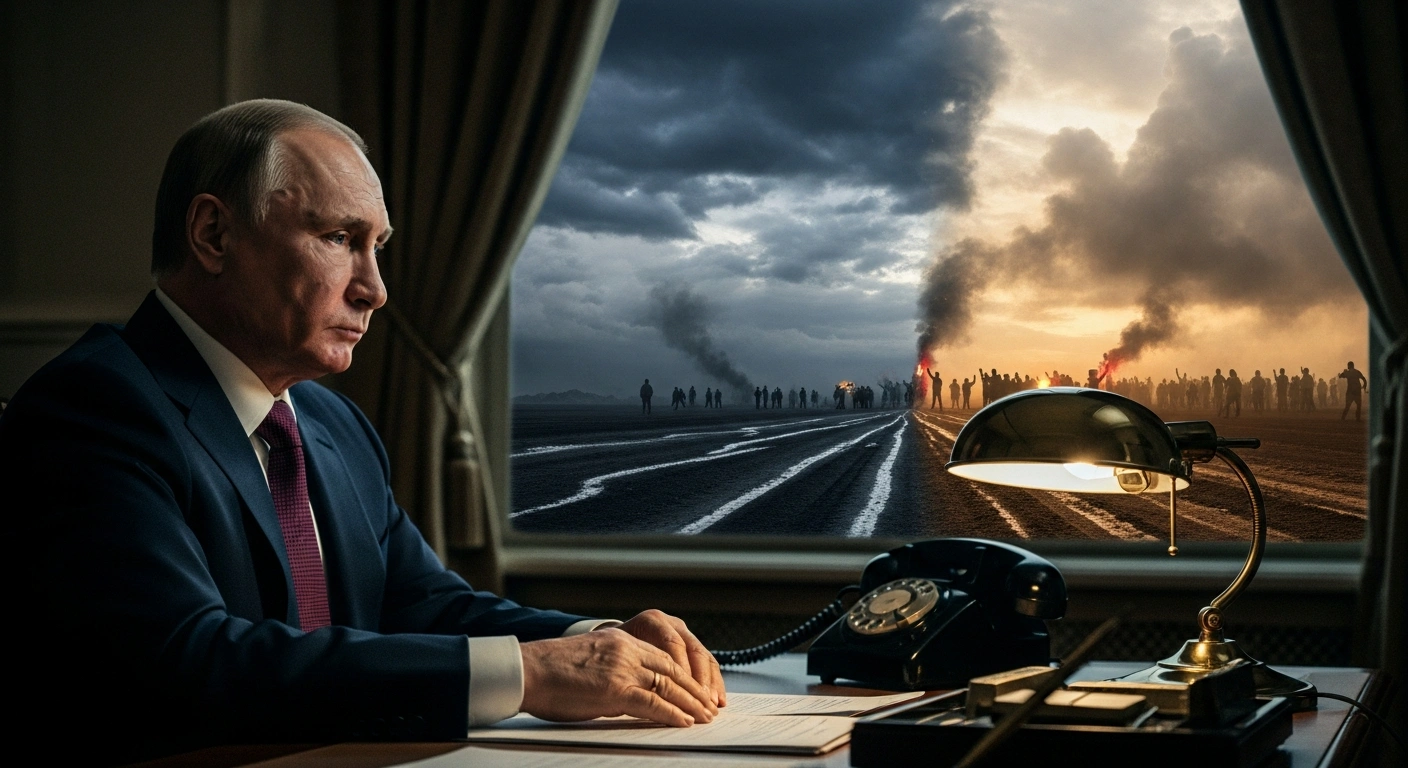 A powerful leader, resembling Russian President Vladimir Putin, sits in a dimly lit, opulent office with a vintage telephone nearby, while a blurred background subtly depicts a tense border landscape and an agitated crowd, symbolizing regional tensions and protests.
