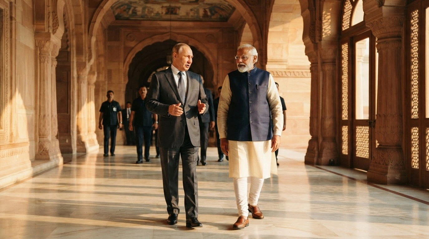Russian President Vladimir Putin and Indian Prime Minister Narendra Modi walk together during a high-profile diplomatic visit to discuss bilateral cooperation.