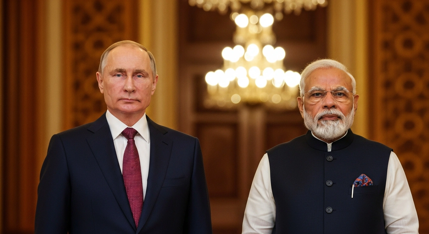 Russian President Vladimir Putin and Indian Prime Minister Narendra Modi stand side-by-side in a grand Indian hall, symbolizing their strategic cooperation during the 23rd India-Russia annual summit.