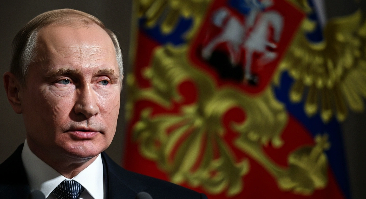 A medium close-up photograph shows Russian President Vladimir Putin with a resolute expression, addressing the nation during his New Year's Eve speech, conveying a strong belief in Russia's victory in Ukraine and emphasizing national unity.