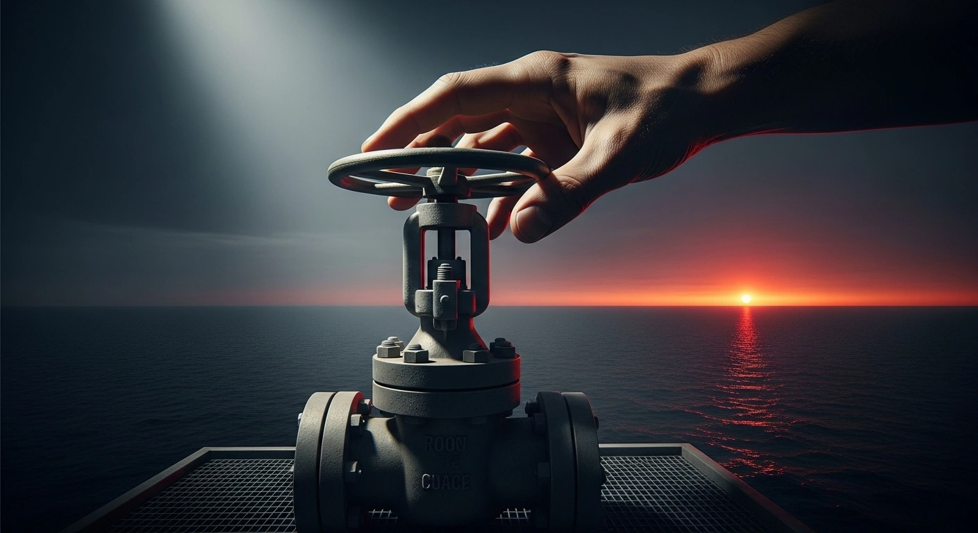 A dramatic, low-angle shot of a colossal, weathered hand poised over a massive industrial valve, illuminated by a harsh spotlight, with a distant, fiery red horizon over an ocean of crude oil, symbolizing the potential for global oil prices to skyrocket if Russian crude exports are halted, a scenario warned by President Vladimir Putin amidst geopolitical tensions.