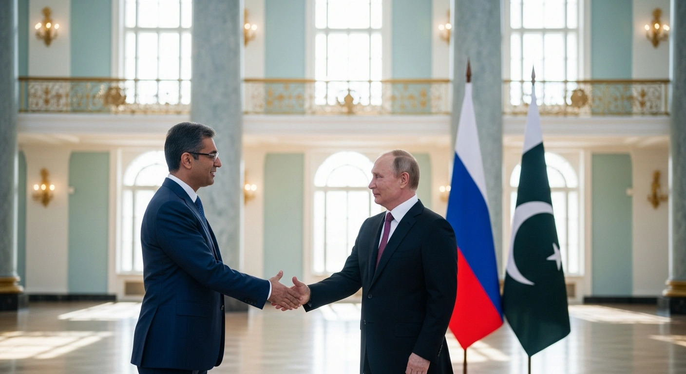 Russian President Vladimir Putin shakes hands with Pakistan's new Ambassador Faisal Niaz Tirmizi in a formal hall in Moscow, with the flags of both nations visible in the background, symbolizing their expanding strategic partnership and cooperation.