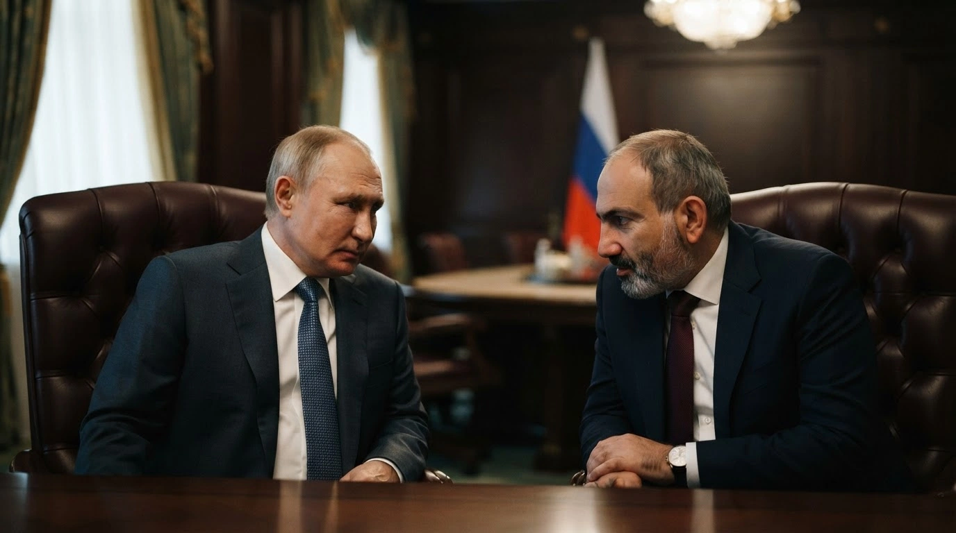 Russian President Vladimir Putin and Armenian Prime Minister Nikol Pashinyan sit together during a formal diplomatic meeting at the Shanghai Cooperation Organization summit.