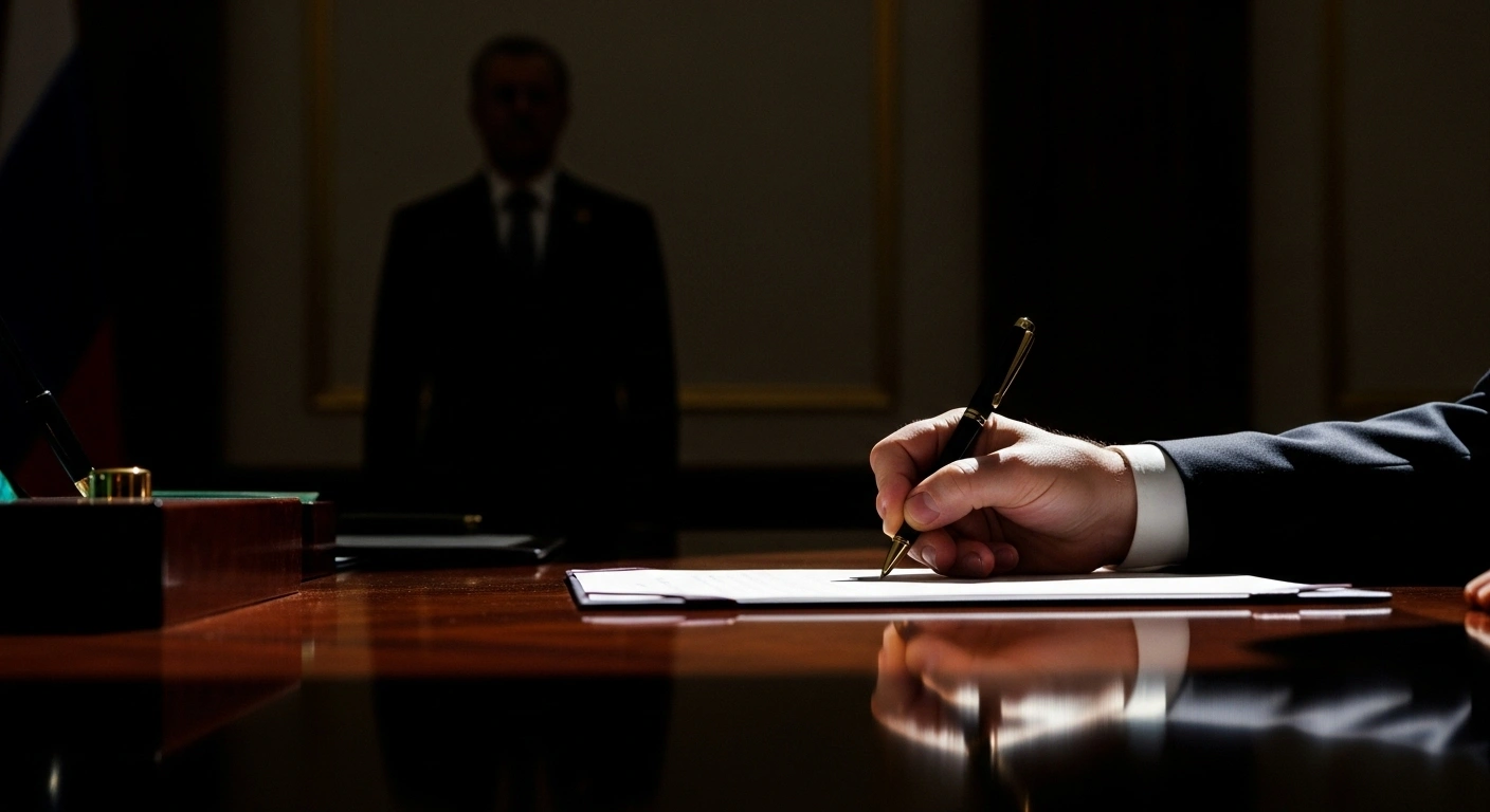 A dramatic, low-angle shot captures Russian President Vladimir Putin signing an executive order at a grand, polished desk, with a respectfully standing figure, possibly former Tver Region Governor Igor Rudenya, subtly visible in the soft-focus background, symbolizing his transfer to a new role.