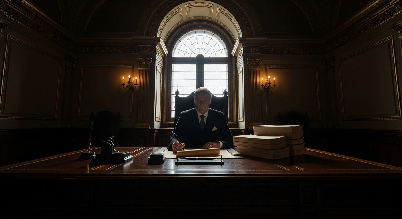 A solitary figure, representing President Vladimir Putin, is seated at a large desk in a grand, dimly lit chamber, poised to sign official documents symbolizing new laws prohibiting the enforcement of foreign criminal court rulings in Russia and broadening military court jurisdiction to include stateless and foreign servicemen.