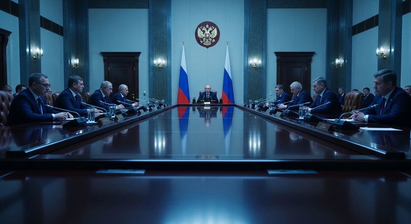 Russian President Vladimir Putin leads a Security Council meeting in Moscow to discuss strategies for combating terrorism financing and organized crime.
