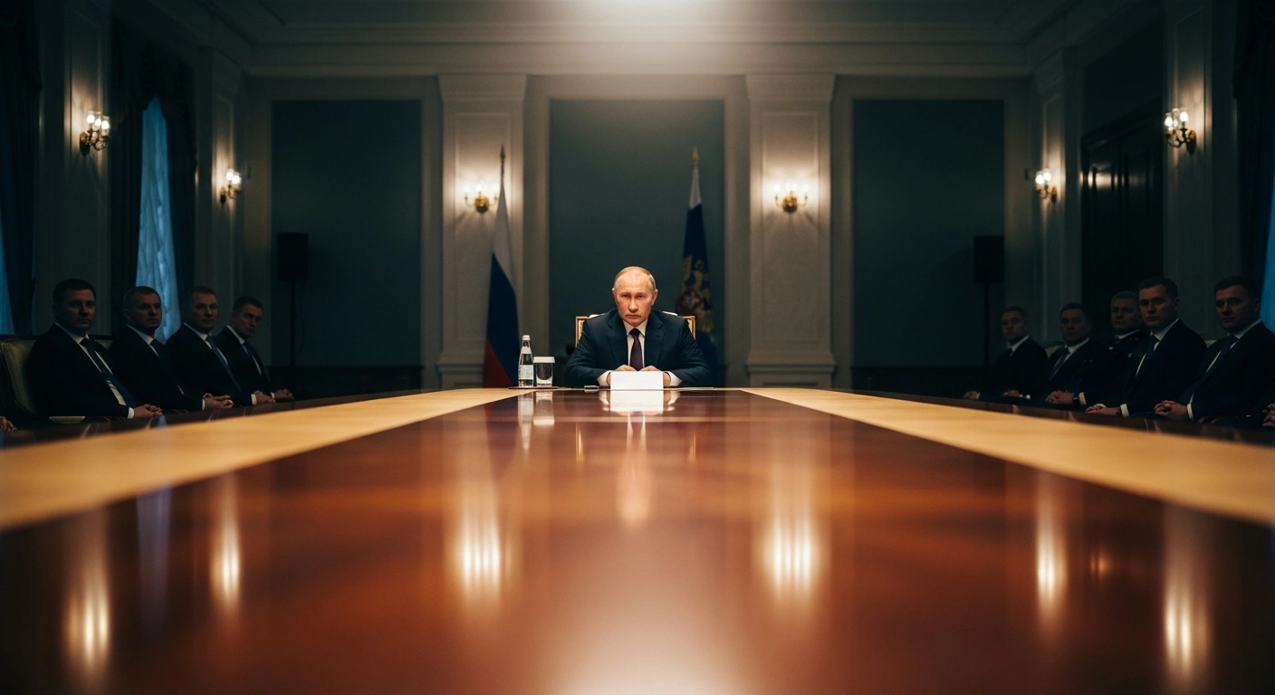 Russian President Vladimir Putin chairs an operational meeting with members of the Security Council in a formal government office in Moscow.