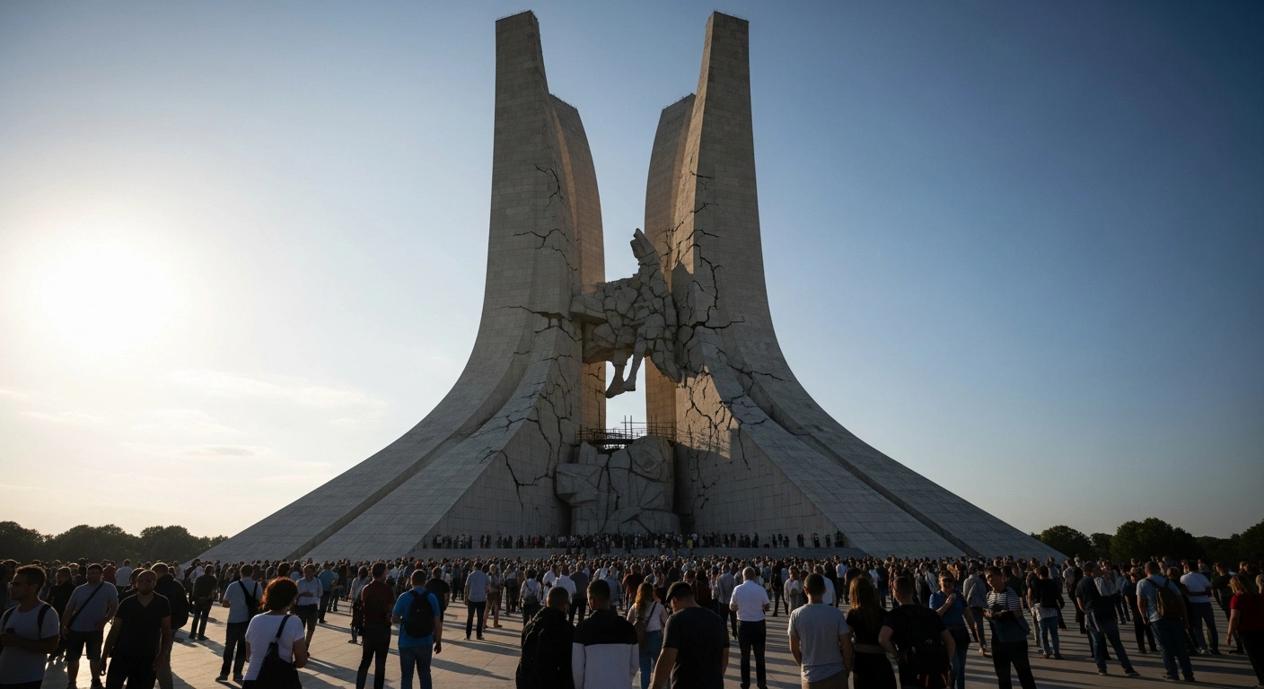 A wide, low-angle shot captures a colossal, fragmented brutalist monument, symbolizing the excluded restoration of the Soviet Union, with a diverse, indistinct crowd in the foreground representing the critical changes in the ethnic and religious composition of the Russian Federation's population, as stated by President Vladimir Putin.