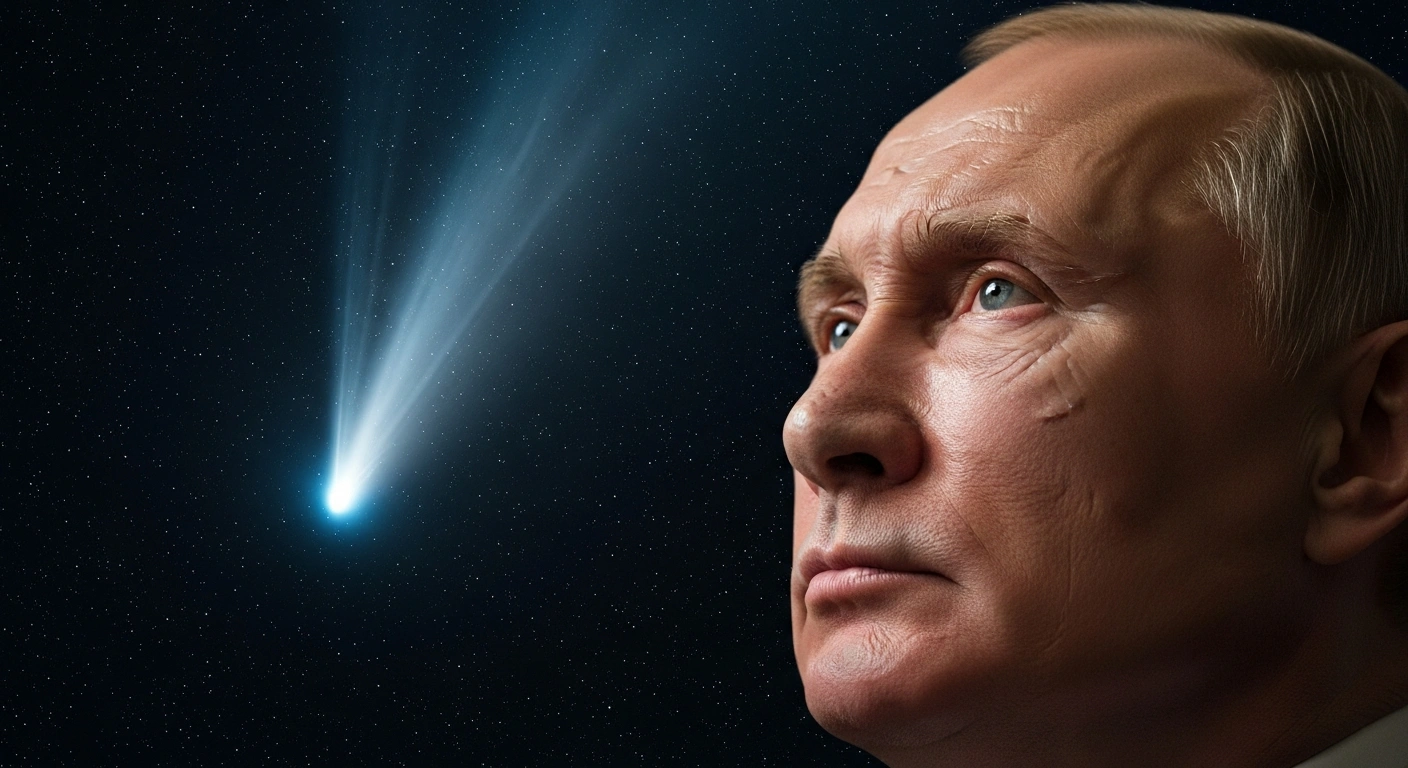 A photorealistic image depicts Russian President Vladimir Putin looking upwards with a serious expression, set against a backdrop of deep space featuring the interstellar Comet 3I/ATLAS, symbolizing Russia's stance against weapon deployment and an arms race in outer space.