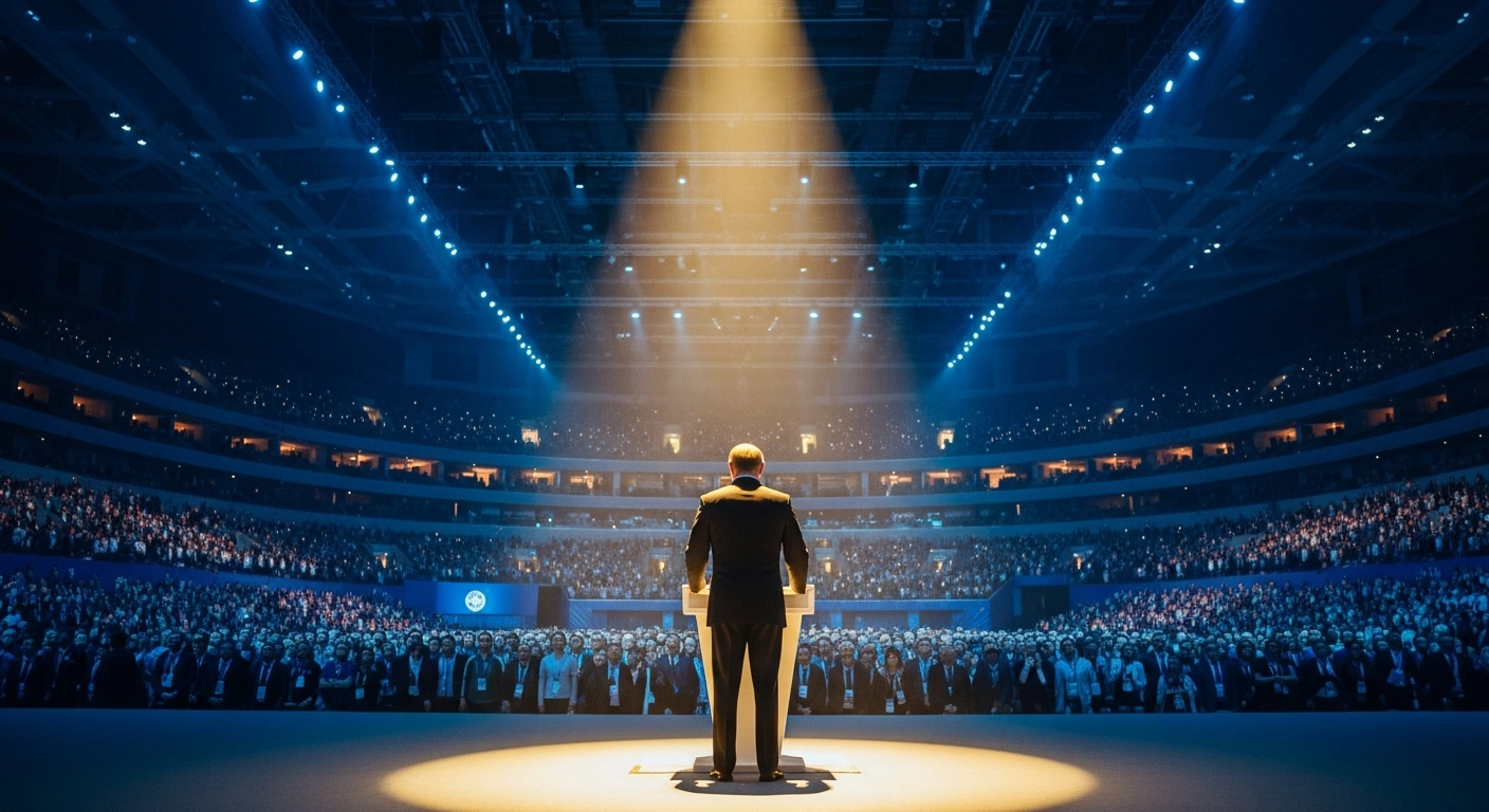 Russian President Vladimir Putin delivers a pivotal speech from a modern podium, illuminated by a warm spotlight, to thousands of delegates at the 13th International Sports Forum 'Russia – Country of Sports' in Samara, emphasizing the importance of sports free from political influence, youth development, and international cooperation.