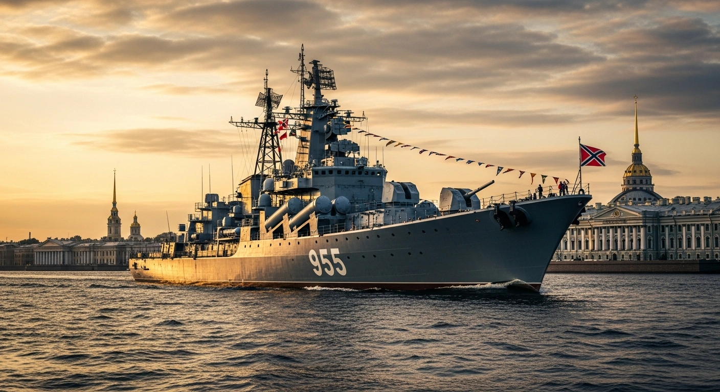 Russian President Vladimir Putin observes a massive naval parade featuring warships on the Neva River during the annual Navy Day celebration in St. Petersburg.
