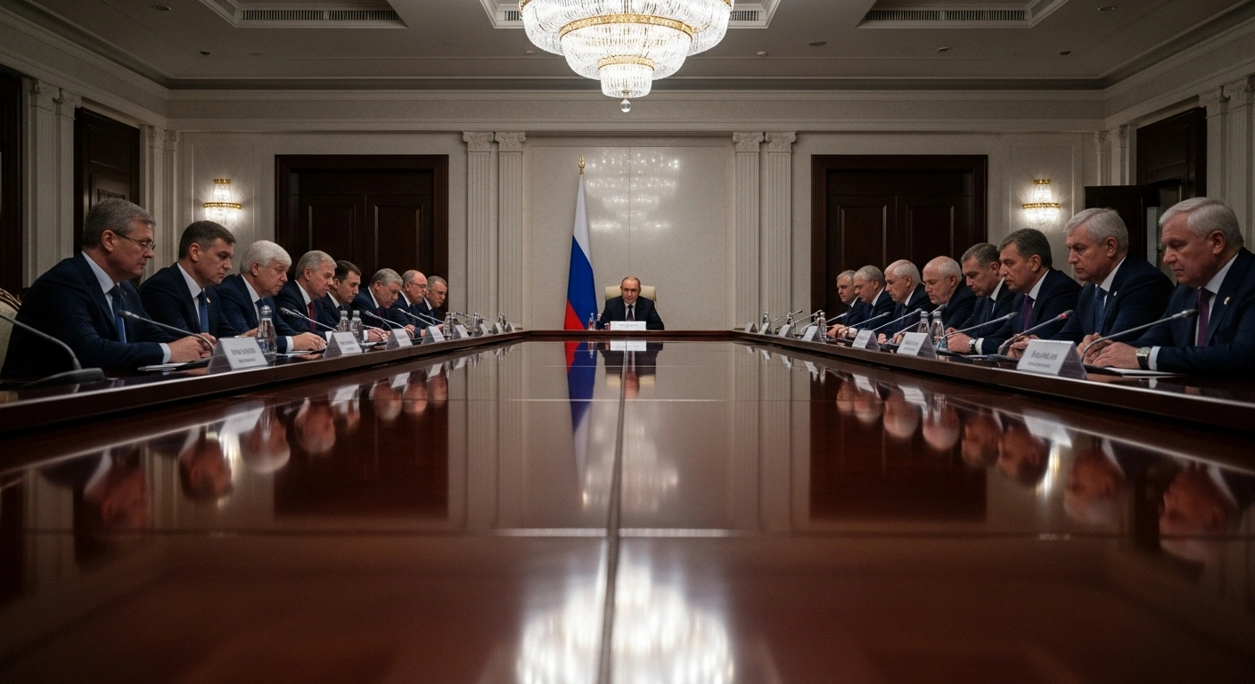 President Vladimir Putin presides over a formal Russian State Council meeting in a grand, dimly lit conference hall, surrounded by key officials and regional governors, discussing critical economic development issues including professional training, artificial intelligence, education adaptation, and veteran reintegration.