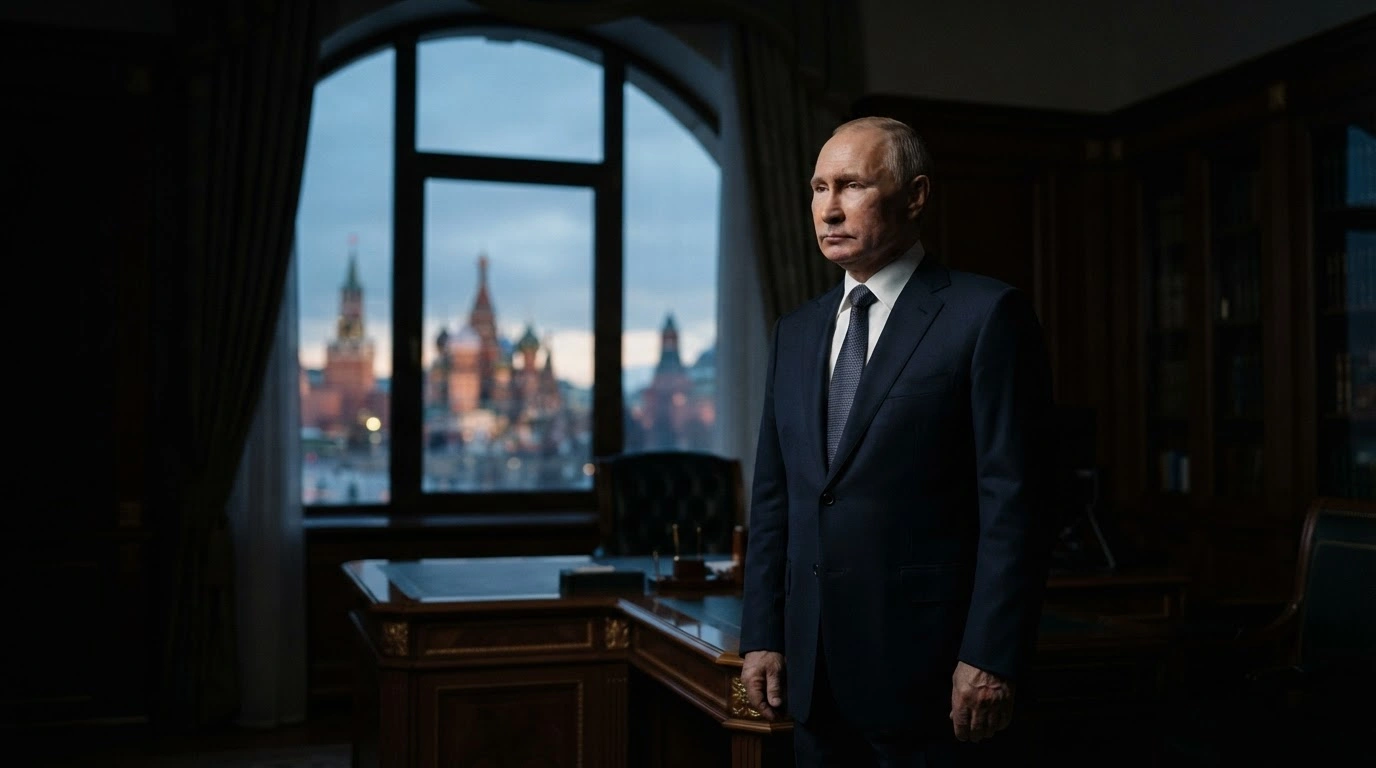 Russian President Vladimir Putin stands in a dimly lit office, reflecting the current suspension of peace negotiations with Ukraine.