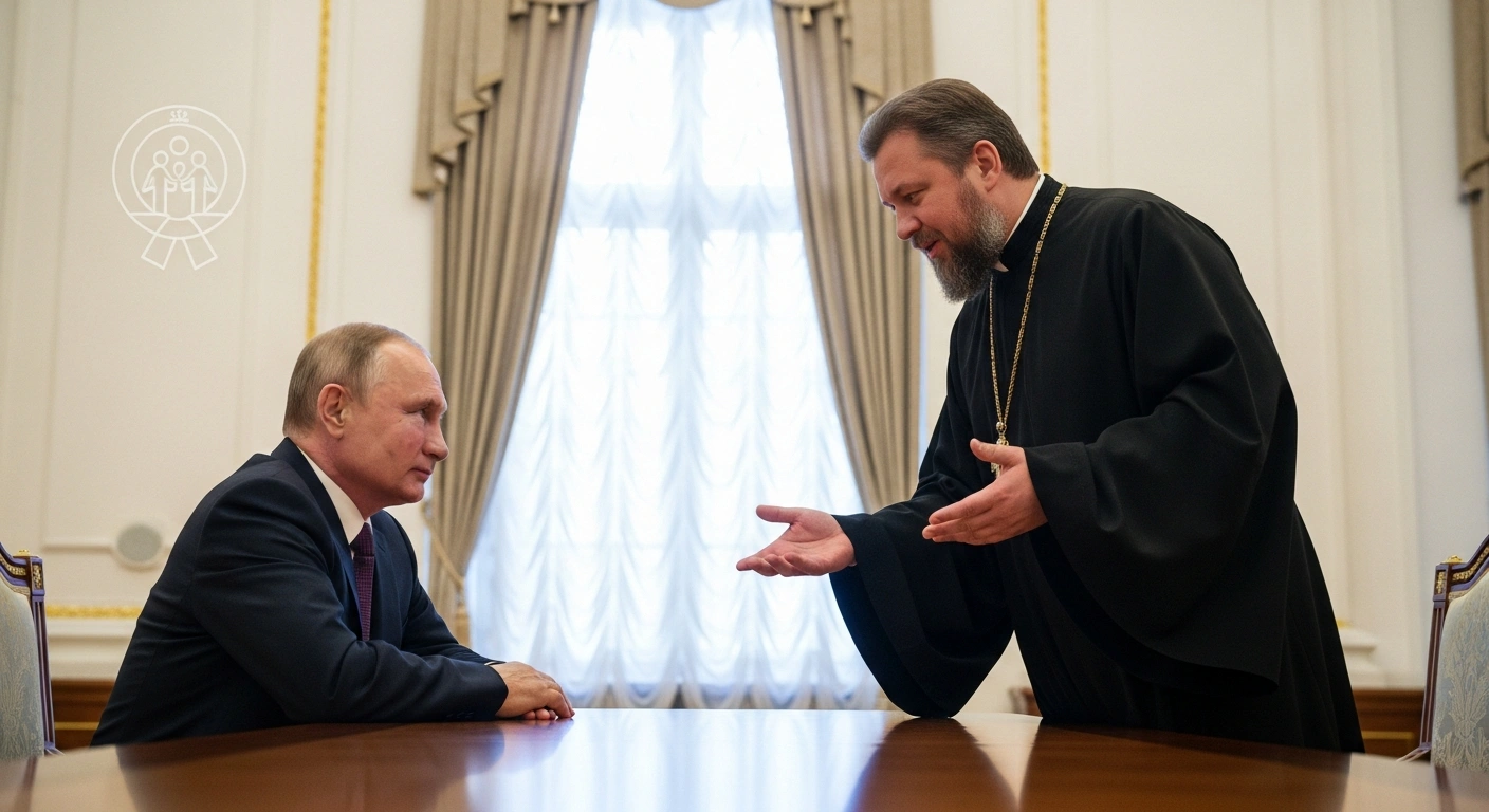 Russian President Vladimir Putin and Archpriest Alexander Tkachenko are seated at a polished table in the Kremlin, engaged in a serious discussion, likely reviewing the 'Circle of Kindness' Foundation's achievements in supporting children with severe and rare illnesses.