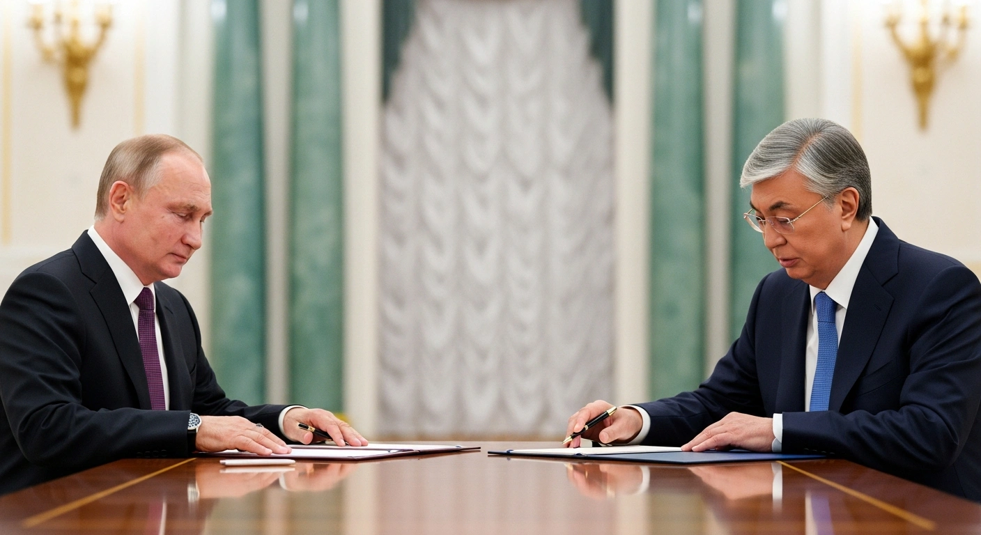 Russian President Vladimir Putin and Kazakh President Kassym-Jomart Tokayev are shown seated at a polished table, signing a declaration in a grand Moscow hall, symbolizing their elevated bilateral relations to a comprehensive strategic partnership and alliance.