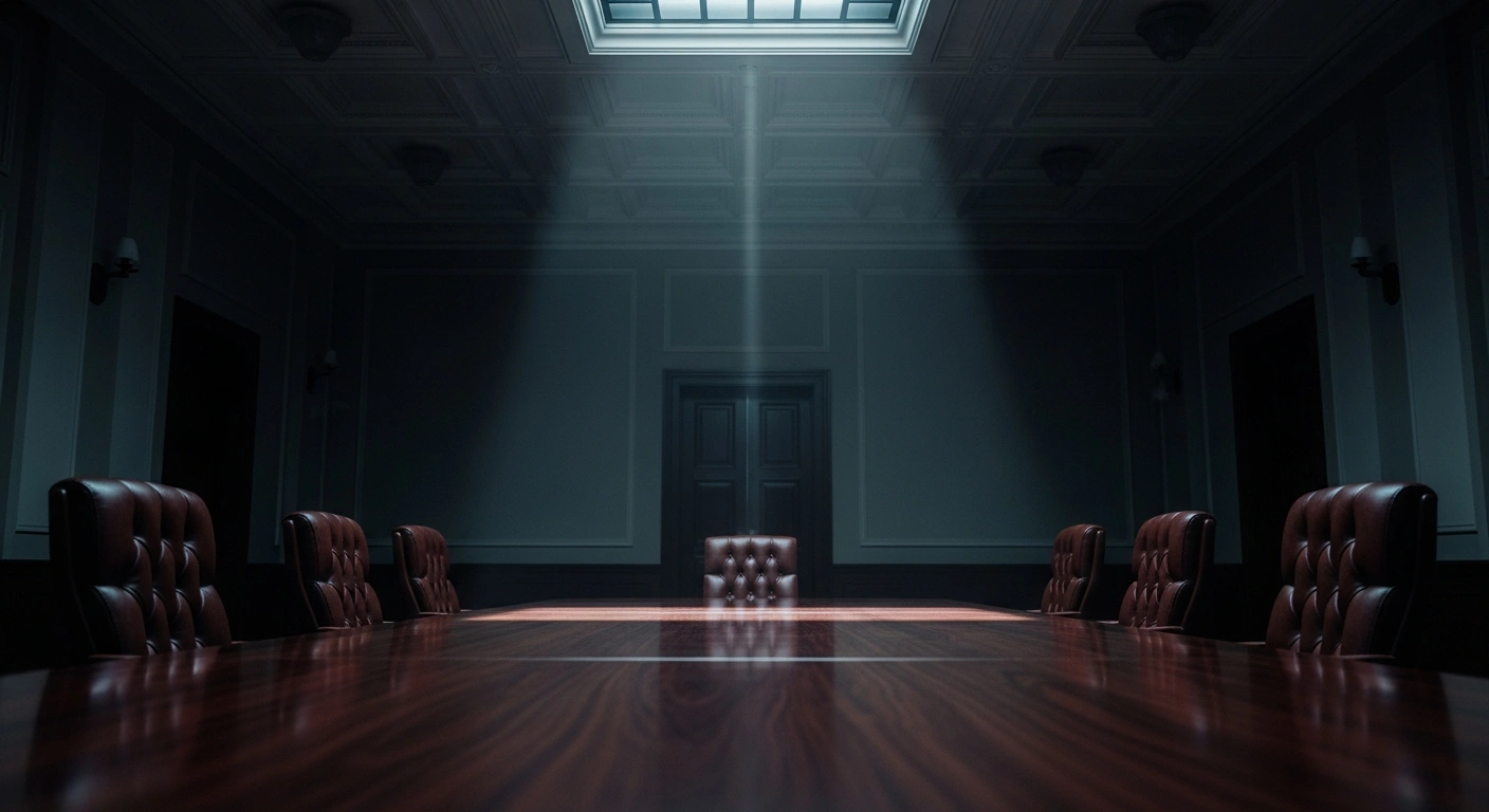 Two empty leather chairs face each other across a long table in a dark, formal room, representing the potential for dialogue between Vladimir Putin and Donald Trump.