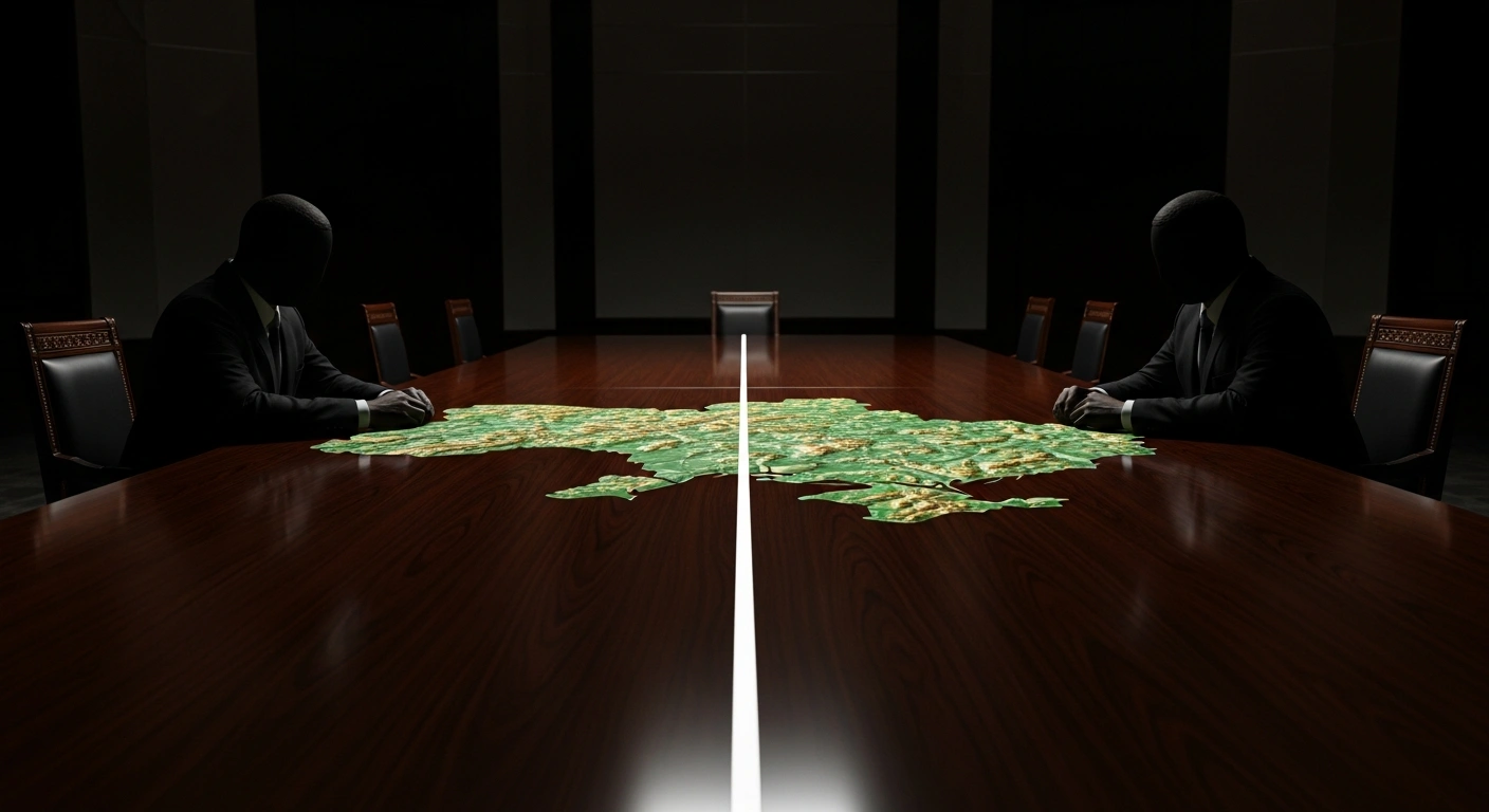 Two silhouetted figures, representing Russian President Vladimir Putin and U.S. President Donald Trump, sit at a large table with a map of Ukraine illuminated between them, symbolizing the ongoing diplomatic efforts and the possibility of a high-level meeting.