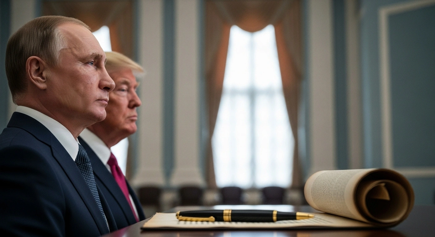 A photorealistic image showing the profiles of Russian President Vladimir Putin and former U.S. President Donald Trump in a grand, softly lit hall, with an ornate pen resting beside an aged document, symbolizing their discussion of a New START nuclear arms reduction treaty extension.