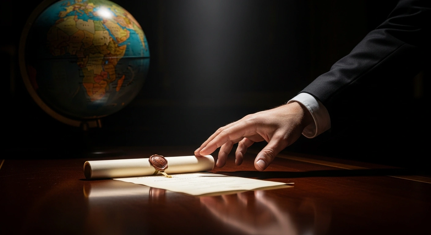 A close-up view shows a hand reaching for an ornate, sealed invitation on a polished mahogany desk, with a glowing antique globe in the background, symbolizing the invitation for Russian President Vladimir Putin to join Donald Trump's 'Board of Peace' initiative.