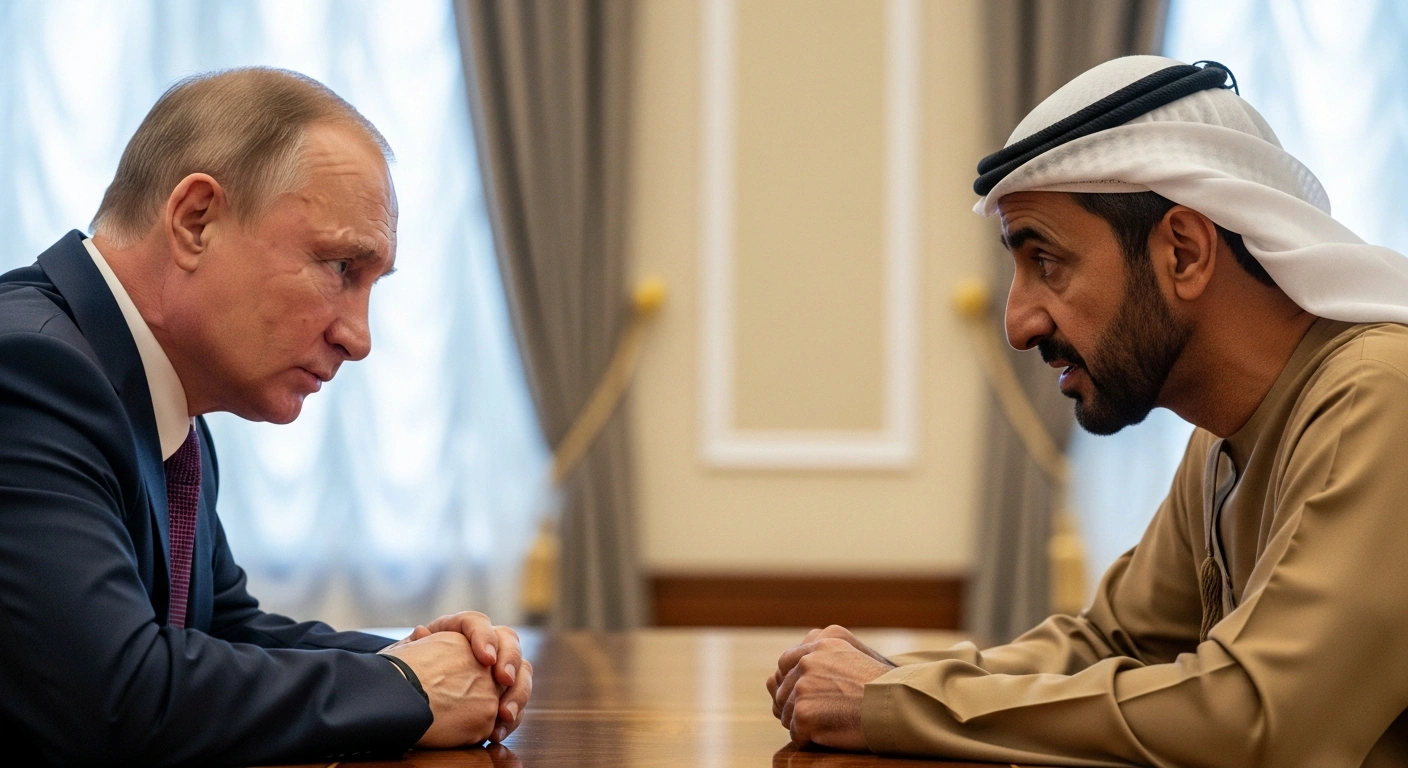 Russian President Vladimir Putin and UAE President Mohamed bin Zayed Al Nahyan are seated across a table in Moscow, engaged in serious discussion to enhance their strategic partnership, focusing on cooperation in trade, energy, technology, and addressing regional issues like the Middle East and the Russia-Ukraine conflict.