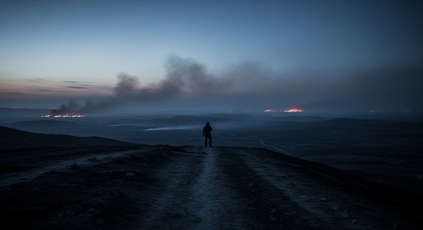 A silhouette of a leader stands overlooking a desolate, smoke-filled battlefield in Ukraine as the conflict nears an uncertain end.