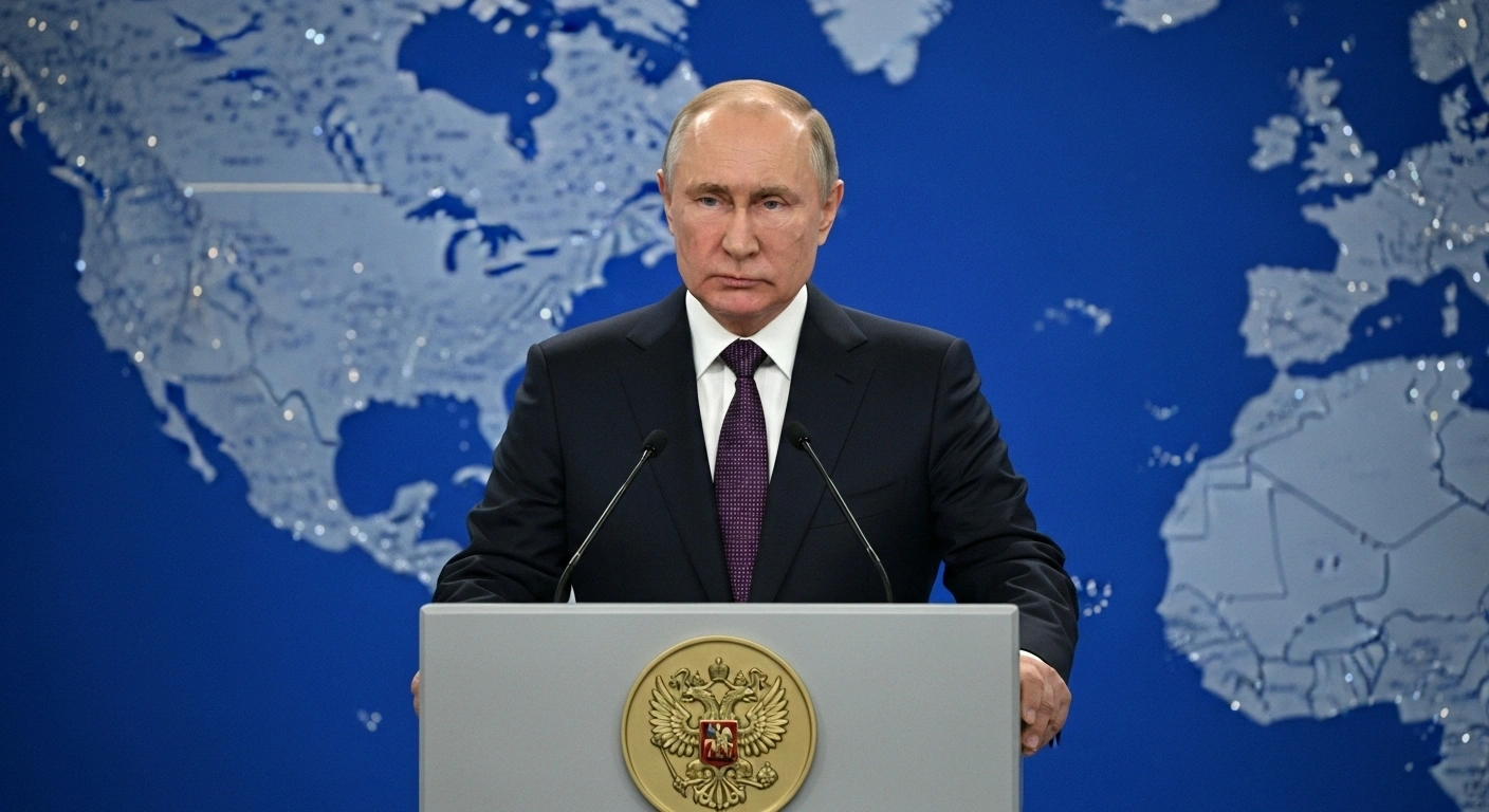 Russian President Vladimir Putin stands at a modern podium, illuminated by dramatic lighting, with a subtly blurred geopolitical map in the background, symbolizing his warnings to Europe and criticism of US pressure on India and China at the Valdai Discussion Club.