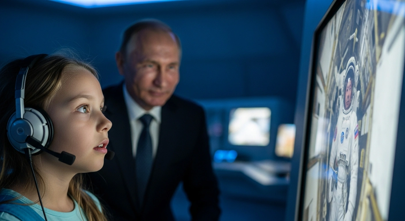 Ten-year-old Varvara Smakhtina, wearing a headset, looks at a screen displaying a cosmonaut from the International Space Station, while President Vladimir Putin observes her fulfilling her dream at a space facility.