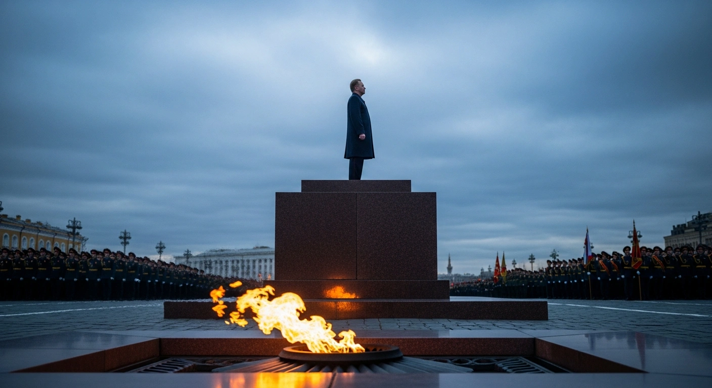 President Vladimir Putin stands at a podium in Moscow during a Victory Day address, framing the military campaign in Ukraine as a defensive struggle.