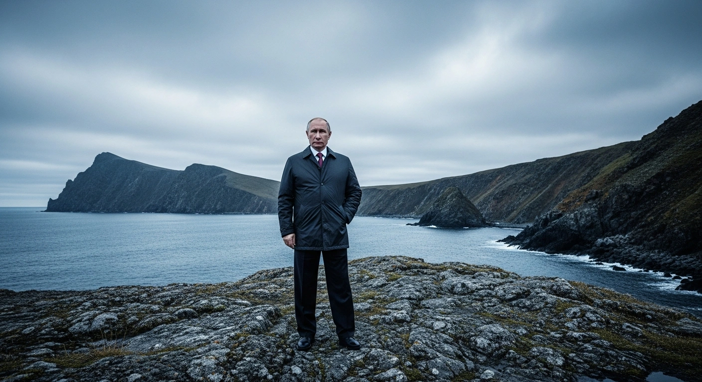 Russian President Vladimir Putin stands on the rugged coastline of the Kuril Islands during his visit to the disputed territory.