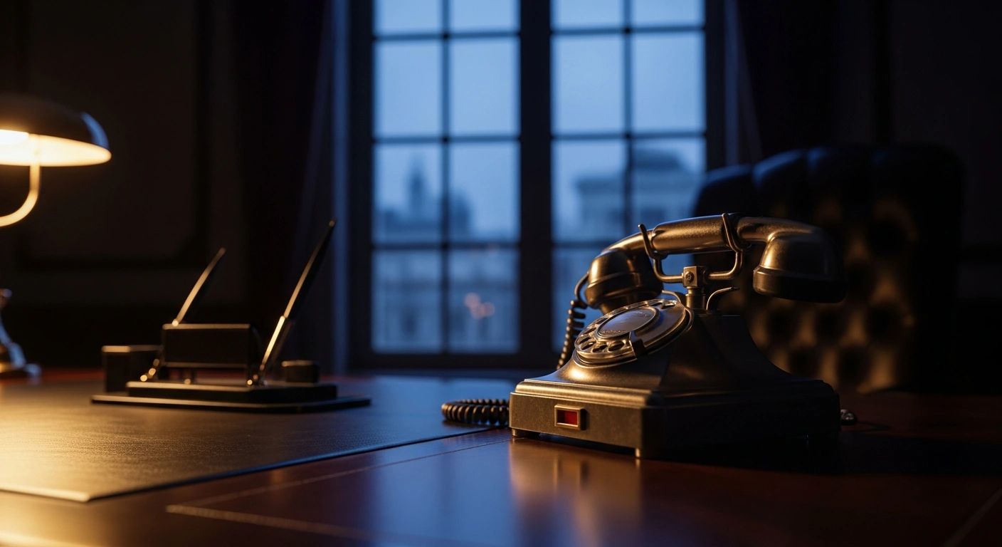 A vintage telephone sits on a desk in a dark office, representing the diplomatic telephone conversation between Vladimir Putin and Aleksandar Vucic regarding energy and regional stability.