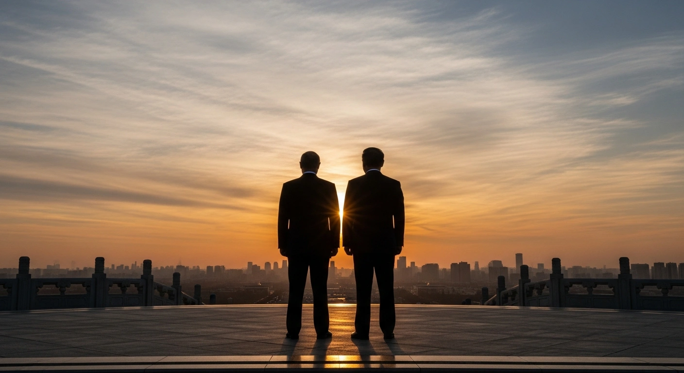 A photorealistic image shows two silhouetted world leaders, representing Russian President Vladimir Putin and Chinese President Xi Jinping, standing on an elevated platform against a dramatic sunset over a futuristic cityscape, symbolizing their solidified strategic partnership and Putin's accepted invitation to visit China in 2026.